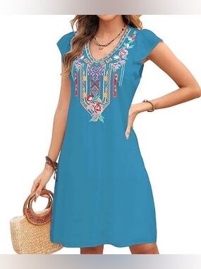 NWT Grosy Blue Embroidered Mexican Peasant Boho Dress Medium M